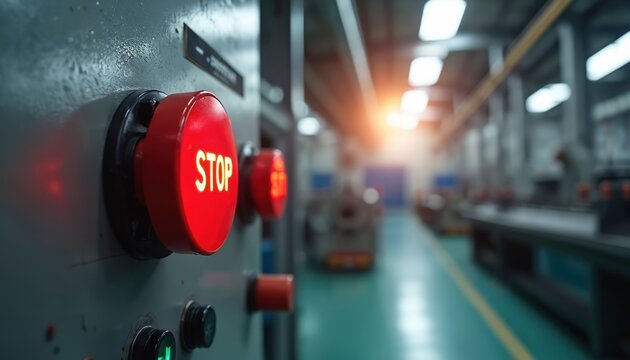 Red illuminated stop button on industrial control panel. Emergency shutdown equipment for safety operation of factory machinery. Close-up view inside production plant.