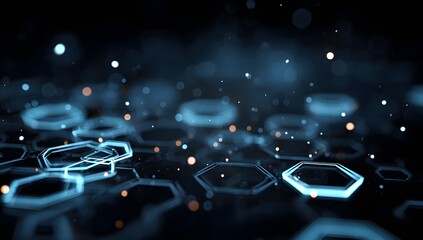 Abstract futuristic glowing hexagonal geometric shapes with floating particles and light effects on a dark background representing technology and data flow