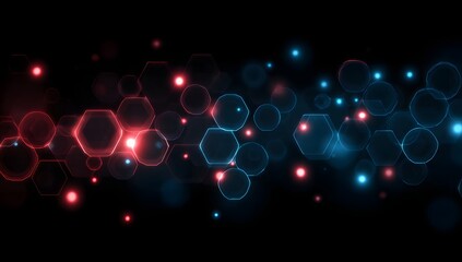 Abstract glowing spheres and hexagons with vibrant red and blue lights against a dark background creating a futuristic and ethereal atmosphere