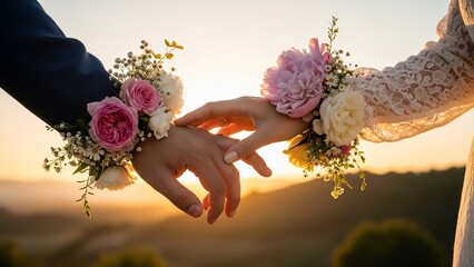Couple Holding Hands with Floral Wrist Corsages at Sunset.