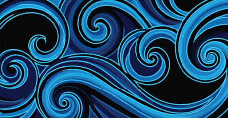 Fototapeta premium Abstract blue waves pattern on black, dynamic swirling fluid motion background graphic.