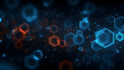 Abstract digital glowing hexagonal geometric shapes and particles floating in a dark cosmic background with vibrant blue and orange lights creating a futuristic technological atmosphere