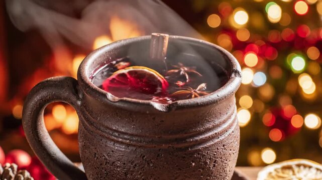 Steaming, rich red spiced holiday punch slowly swirls in a rustic, traditional clay mug surrounded by blurred vibrant festive decorations cozy, ambiance, tones