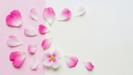 Delicate Pink Flower Petals Scattered on a Soft Pastel Background.