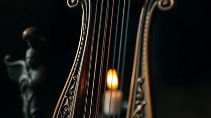 lyre. Ornate small lyre harp with carved details, strings glinting in warm light. lifestyle magazines, social media lookbooks, designed for influencer and brand collaborations.