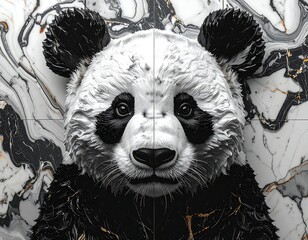 Large panda bear portrait with detailed fur against marble tiles