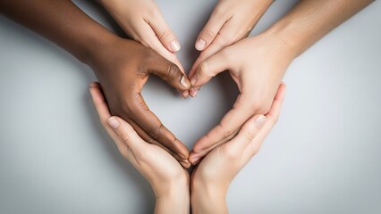 Diverse hands forming a heart shape, symbolizing unity and love.