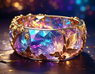Ornate gold bracelet featuring a large, colorful, faceted gem