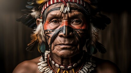 Native American Tribal Leader Portrait with Traditional Attire.