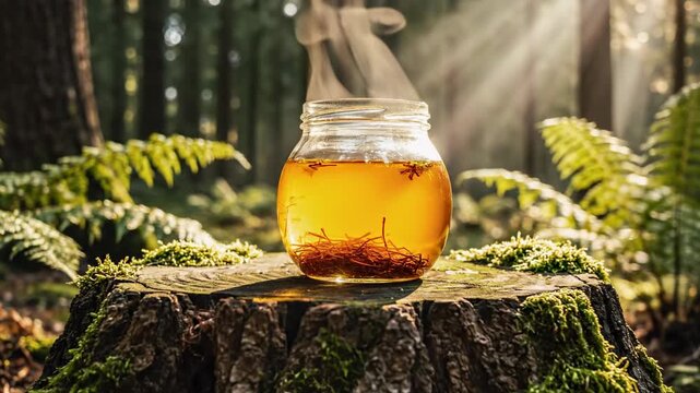Potion of Nature: A steaming, aromatic potion in a glass jar, perched atop a moss-covered tree stump within a lush forest, where sunlight streams