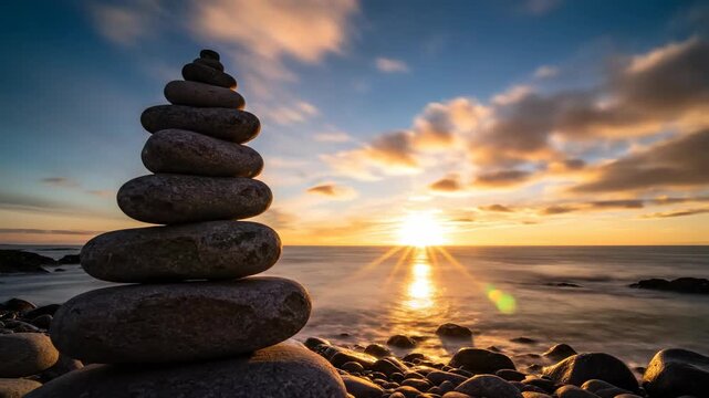 Still stack of smooth, balanced stones silhouetted against a breathtaking time-lapse background of the early morning sky shifting colors over the ocean horizon beach, time-lapse, abstract