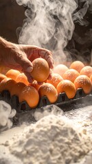 Hand lifts egg from tray of many; flour dusts surface, steam rises in sunlit scene