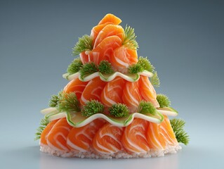 Luxury Tiered Salmon Sashimi Christmas Tree Tower with Fresh Lemon Slices and Pine Branches for Elegant Festive Seafood Plating and Artistic Gourmet Celebration Concept