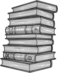 Fototapeta premium Detailed black and white vector illustration of a tall stack of vintage hardcover books with decorative spines isolated on white,