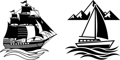 Black and white vector illustration of vintage sailing ship with multiple masts and modern sailboat on waves near mountains, © Shopna