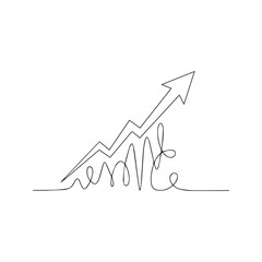 Continuous line drawing of business growth arrow and financial graph chart, minimalist vector illustration representing success and progress.
