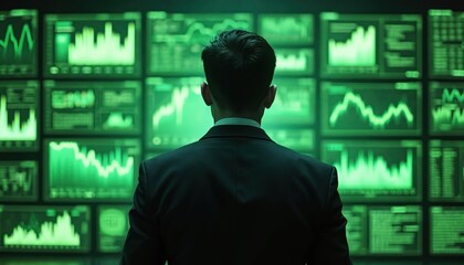 Man in suit watches multiple screens with green data charts. Analyst studies financial market performance. System monitors complex information flow. Computer network activity display.