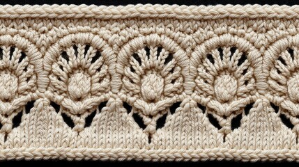 Cream-colored crocheted and knitted pattern features decorative floral motifs, creating a textured border.