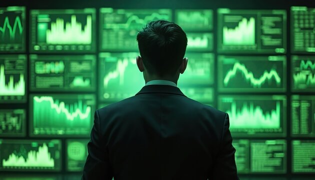 Man in suit watches multiple screens with green data charts. Analyst studies financial market performance. System monitors complex information flow. Computer network activity display. - Powered by Adobe