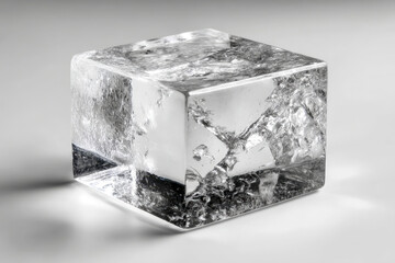 Macro image of clear acrylic block showing intricate internal fractures and soft shadows on white background