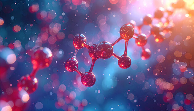 Complex molecular structures with glowing connections and bokeh
 - Powered by Adobe