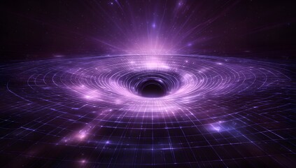 Cosmic vortex of swirling purple nebulae and starlight with a dark central singularity representing a powerful celestial phenomenon in deep space exploration