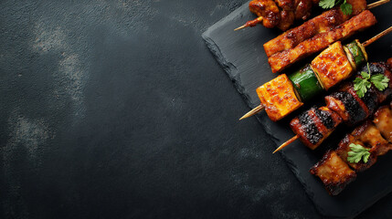 Minimal street food banner with grilled snacks on dark surface, dramatic lighting, clean composition with copy space