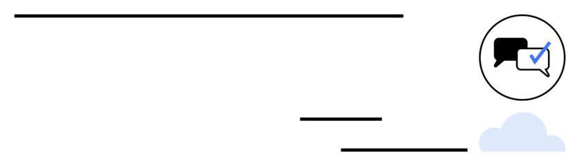 Speech bubbles, black and blue, with a tick mark denoting verification. Minimalist layout with horizontal lines and a cloud element. Ideal for communication, chat, verification, security, social © robu_s