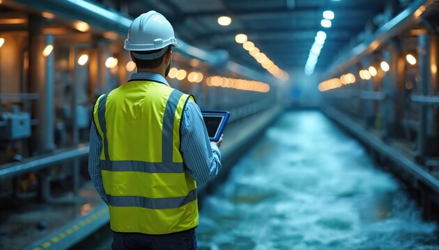 Industrial engineer in hard hat and safety vest checks tablet data. Man works near flowing water channel in purification plant. Pro checks system process for clean water treatment.