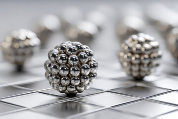 Levitating spiky ferrofluid bead grid in checkerboard layout above white surface