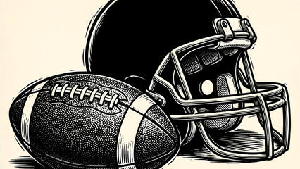 Striking black and white woodcut style illustration featuring a rugged american football helmet resting next to a regulation-sized leather football ready for intense gridiron competition.