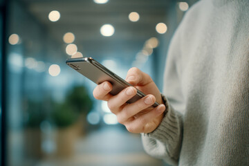 Realistic Hand Using Fingerprint Scanner on Modern Access Control Device in Office Hallway