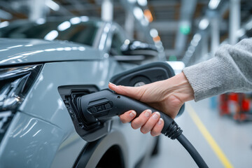 Family Connecting Electric Vehicle Charging Cable to Home Wallbox in Modern Garage