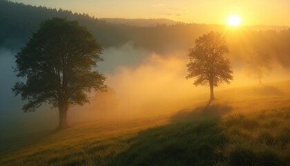 Fototapeta premium Golden sunrise lights misty countryside. Foggy hills and trees create peaceful rural landscape. Sun rays pierce through soft clouds, warming green grass. Idyllic morning atmosphere.