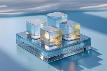 Transparent glass bar chart rising from clear grid base on soft blue background