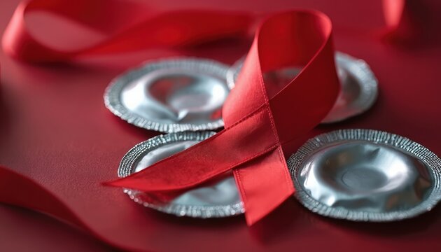 Red ribbon symbol for HIV AIDS awareness and condoms for safe sex prevention. Protected health concept, disease awareness and support message.