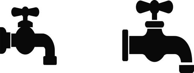 A Set of Two Black Silhouettes of Traditional Outdoor Water Faucets with Cross-Handles, Representing Plumbing and Garden Utility Equipment.