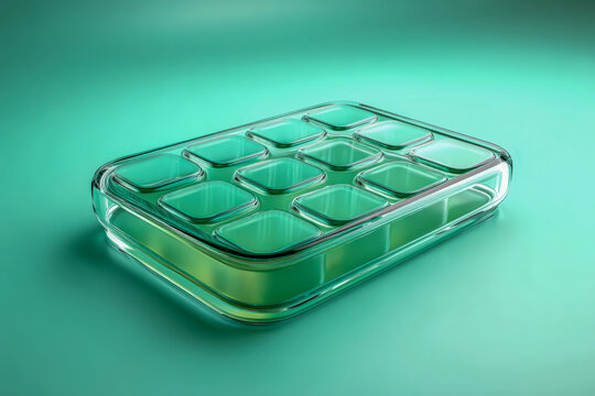 Modern glassmorphism dashboard card with translucent widget placeholders on pastel mint gradient background - Powered by Adobe