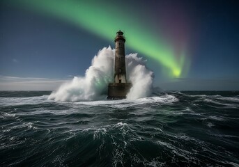 Obraz premium A lone lighthouse stands resilient amidst crashing waves under the mesmerizing glow of the northern lights