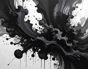 Abstract composition with swirling dark fluid shapes on a white background creating a dynamic and flowing effect