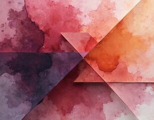 Abstract geometric shapes and watercolor splashes in pink red and orange hues blend on textured paper. Overlapping planes create depth and dynamic visual interest for modern design backgrounds.