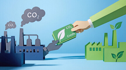 Paper Craft Concept of Carbon Credit Trading Handshake Between Pollution Factory and Green Finance
