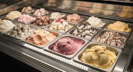 Rows of colorful ice cream in metal display cases