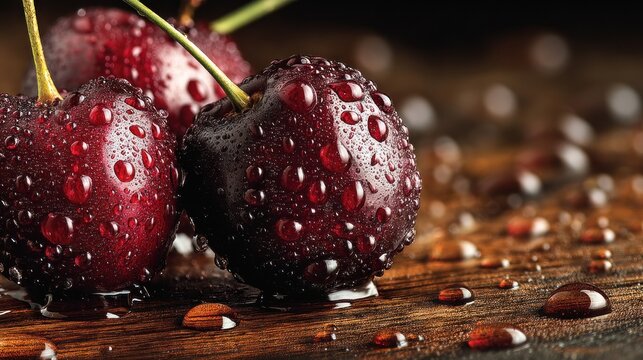 Close-up view of glistening cherries, covered in water droplets, resting on a dark wooden surface, showcasing a rich, vibrant red hue and a captivating texture.