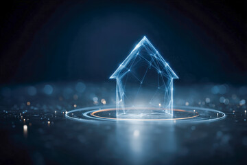 Blue geolocation hologram marker with house emblem and radiant ring on dark