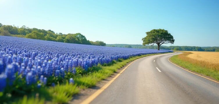 Curving rural road goes through field of blue wildflowers under bright sun. Lone green tree stands by yellow wheat field. Verdant hills form background in clear sky.