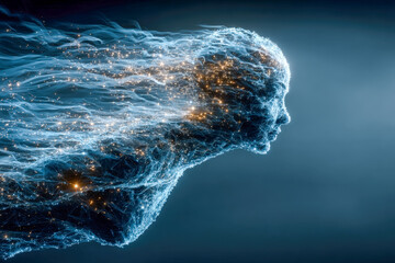 Futuristic human silhouette dissolving into glowing particles with flowing data streams on dark background