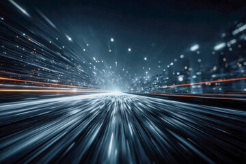 Futuristic digital data tunnel with glowing light trails and floating particles in dark space