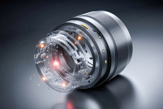 Exploded compact camera lens close-up with floating glass elements and aperture blades