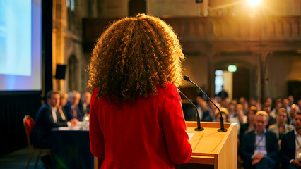 Dynamic female speaker with voluminous curly hair wearing a bright red blazer addresses a large professional audience from a wooden podium during an illuminated conference event.